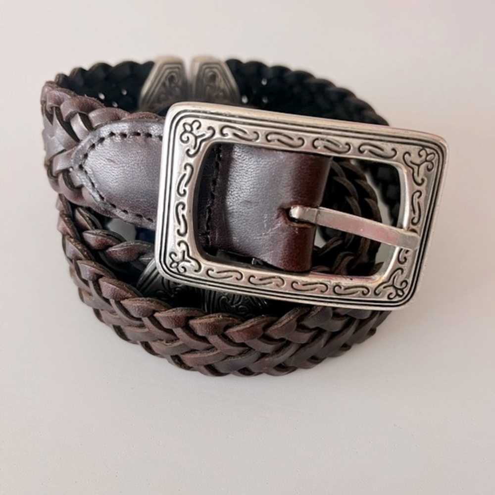 Vintage woven leather belt silver statement buckle brown women’s small